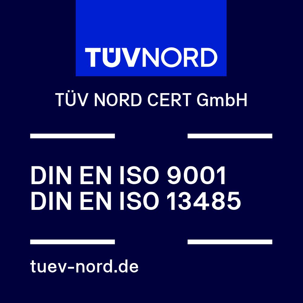 Blaues Quadrat mit dem weißen Text „TÜV NORD CERT GmbH – DIN EN ISO 9001 – DIN EN ISO 13485“. Das Siegel belegt, dass unser Qualitätsmanagement und unsere Medizinprodukte-Standards durch eine unabhängige Zertifizierungsstelle geprüft und zertifiziert sind.