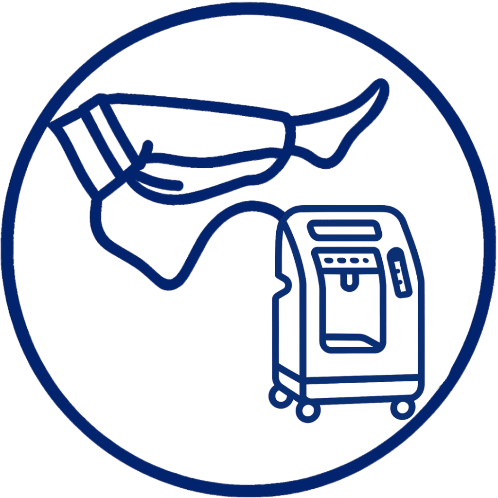 Blaues Linien-Icon für das Produkt Topicare: Ein menschliches Bein mit angelegter Manschette und ein mobiles Sauerstoffgerät auf Rollen, dargestellt innerhalb eines blauen Kreises. Hintergrund transparent.