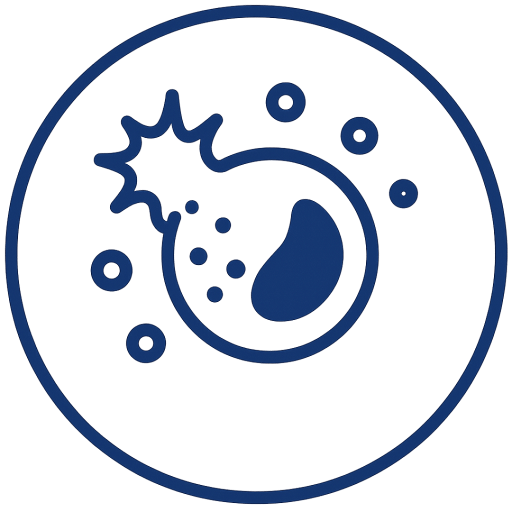 Blaues Linien-Icon zur Darstellung der Erkrankung Krebs: Eine unregelmäßig geformte, veränderte Zelle mit Ausstülpungen und mehreren kleineren Zellpunkten darum herum. Alle Elemente liegen innerhalb eines blauen Kreises, der Hintergrund ist transparent.